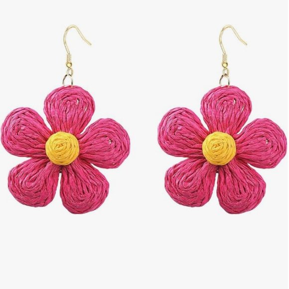3" Dark Pink Raffia Flowers Oversized Statement Earrings Big Wicker Flower New - Picture 1 of 3